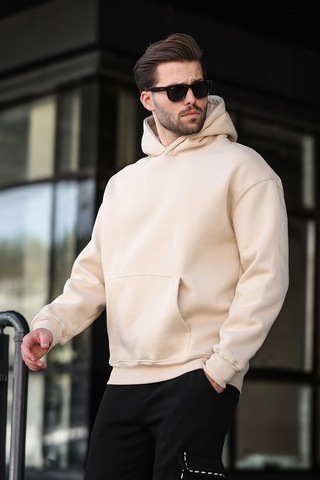 Bej Kapüşonlu Kanguru Cep Erkek Sweatshirt E7169 Bej