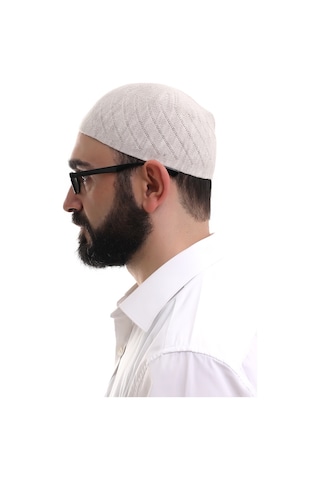Krem Kışlık Çapraz Desenli Dokuma Takke