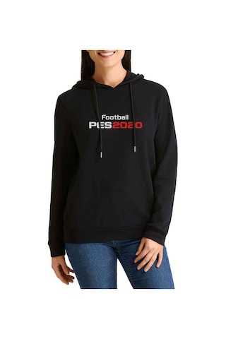 Pes 2020 S Baskılı Siyah Kadın Kapşonlu Sweatshirt
