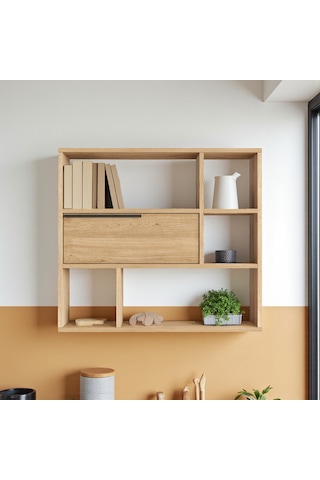 Robin Home Mutfak Salon Duvar Rafı Kitaplık 90cm Kapaklı Sepet Kahverengi