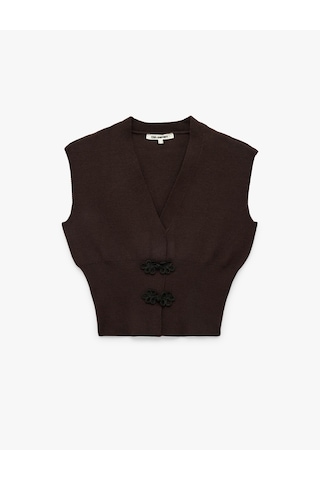 Koton Slim Fit V Yaka Kolsuz Süslü Düğmeli Triko Yelek Kahverengi 7wal20007ıt Kahve