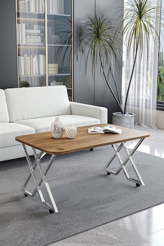 Milano Tekerlekli Orta Sehpa Gümüş Metal - Atlantik Çam Tabla