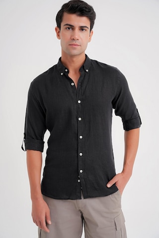 Comfort Fit Düğme Yaka Katlanır Kol %100 Keten Düz Siyah Gömlek G 1595 Siyah
