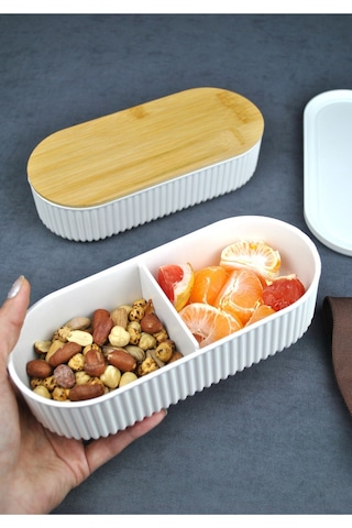 2'li Ahşap Kapaklı Lunch Box Saklama Kabı Ve Beslenme Kutusu - 2x500 Ml Krem