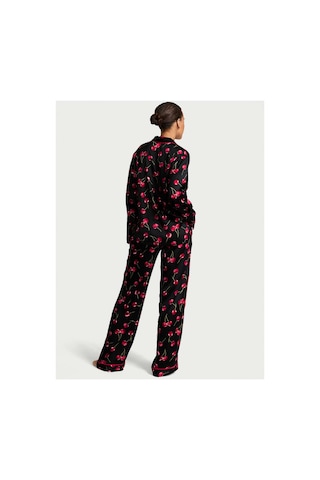 Victoria's Secret Parlak Saten Uzun Pijama Takımı Siyah Kiraz Baskılı