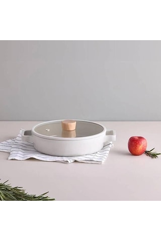 Neoflam Fika Cam Kapaklı Alüminyum Sığ Tencere 26 Cm Bej