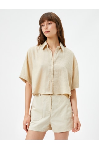 Koton Crop Kısa Kollu Gömlek Düğmeli Rahat Kesim Bej 3sak60497pw 3SAK60497PW063 Ekru