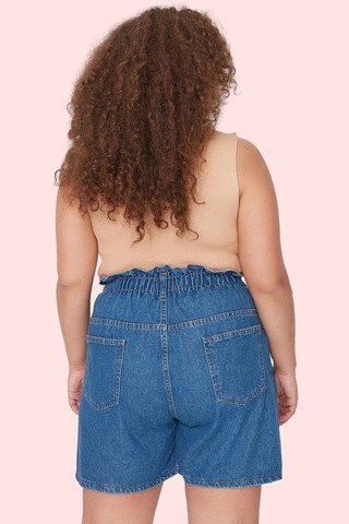 Ersefa Kadın Pamuklu Denim Şort Beli Lastikli Geniş Paça Yazlık Günlük K mavi