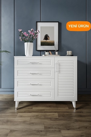 Panjurlu 4 Çekmeceli 1 Kapaklı Şifonyer Modern Tasarım, Mdf Kapak, Beyaz Gümüş Beyaz
