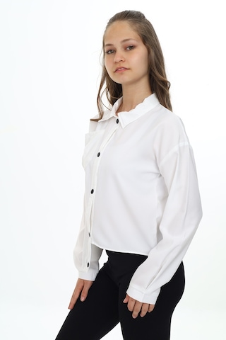 Toontoy Kız Çocuk Regular Fit Asimetrik Kalıp Düşük Omuz Uzun Kollu Basic Poplin Gömlek - Tek Cepli Beyaz