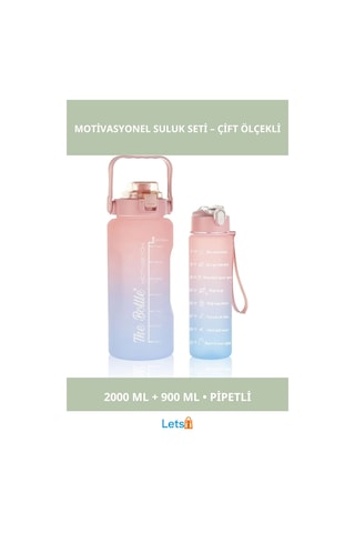 Motivasyonel Su Matarası 2000 Ml Ve 900 Ml Pipetli Çok Renkli