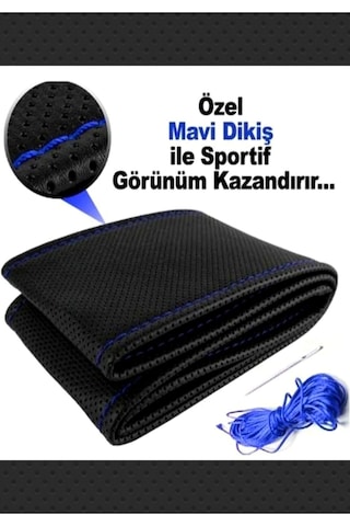 Fiat Panda Uyumlu Dikmeli Direksiyon Kılıfı Noktalı Dikişli Mavi İpli 38cm 10cm