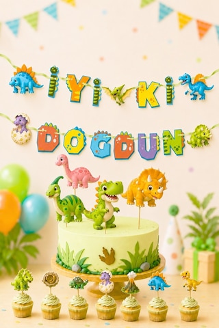 Dinazor Temalı Doğum Günü Parti Seti, İyi Ki Doğdun Flama, Cupcake Ve Pasta Süsü Happy Birthday Dijital Baskı