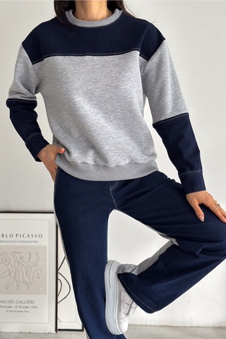 Femelle Beli Lastikli Denim Alt-üst Takım gri