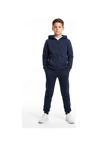 Panios Kids 2'li Fermuarlı Kanguru Cepli Kapüşonlu Düz Baskısız Erkek Çocuk Eşofman Takımı Gri - Lacivert