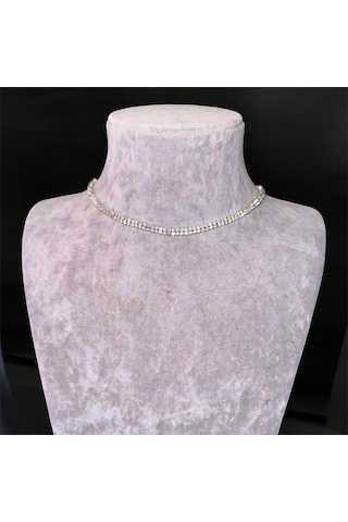 Kırmızı Sanat Evi Full Taşlı İki Sıra Parlak Choker Kolye ve Küpe Seti Gümüş