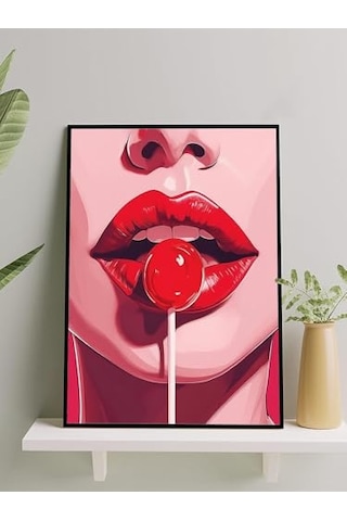 Woman Lip Pop, Kadın Dudak Lolipop Pop Art Çerçeveli Tablo - Çerçeveli Poster, Sanatsal Dekorasyon -