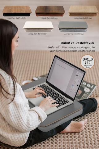 Keyif Çalışma Tepsisi Yastıklı Dizüstü Bilgisayar Laptop Kucak Yatak Koltuk Kahvaltı Minderli H.Bej