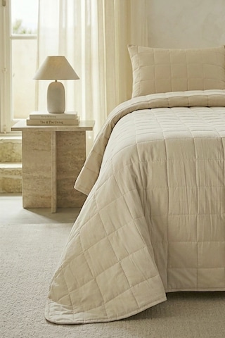 Ocean Home Textile %100 Pamuk Kumaş Kapitoneli Bej Çok Amaçlı Tek Kişilik Yatak Örtüsü Seti 1 Adet 180 X 230 / 1 Adet 50 X 70 Cm