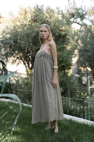 Mai Collection Mai Studios Co. Torrora Uzun Haki Keten Elbise Haki