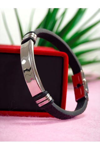 Çelik Derili Bileklik Kişiye Özel İsimli Paslanmaz Derili Çelik İsimli Bileklik 316 L Çelik Altın - Siyah