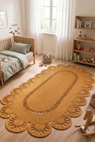 Jüt Hasır Oval Kilim Dekoratif Örgü Model Halı Salon Oturma Odası Mutfak Koridor Yatak Odası Banyo Balkon Yolluk Bohem Ev Dekoru 220hasırbambu