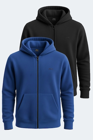 Slazenger Samson 2 Li Set Erkek Fermuarlı Kapüşonlu Cepli Sweatshırt Siyah - İndigo