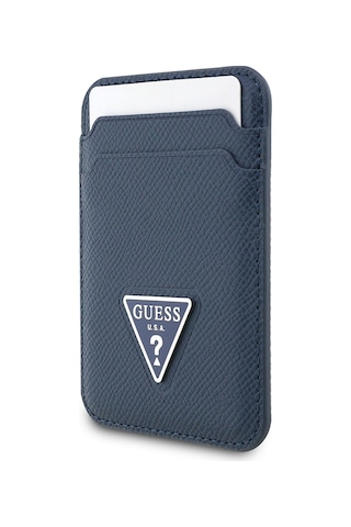 Guess Lisanslı Deri Magnetik Kartlık 2 Hazneli Üçgen Logolu Mavi