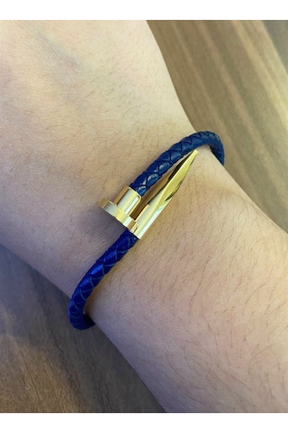 Unisex Çivi Model Gold Renk Detay Lacivert Bileklik Lacivert