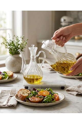 2li Cam Yağdanlık 750ml +750 Ml Glory Çizgili Mermer Stantlı Borosilikat Sirkelik El Üretimi Yağ, Sirke Ve Sos Şişesi Şeffaf