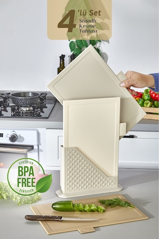 4'lü Tezgah Üstü Dikey Standlı Kesme Tahtası - Çoklu Doğrama Tahtası Ekmek Sebze Et Kesim Panosu Bej