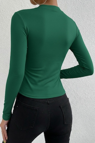 Moda Dua Kadın Yeşil Belden Ve Boyundan Büzgü Detaylı Uzun Kollu Bluz