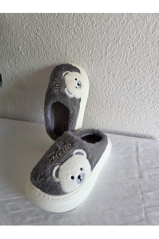 Kadın Ayıcık Desenli Rahat Peluş Ev Terliği 25bnt132 Gri