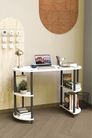 Soft Oval Çalışma Masası Çok Raflı Bilgisayar Masası Modern Ofis Ve Ev Çalışma Masası Beyaz
