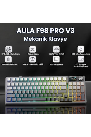 Aula F98 Pro V3 Oled Ekranlı Crystal Switch Makrolu Kablosuz Rgb Hot-swap Gasket Pre-lubed Switch Mekanik Klavye Gradyan Gri