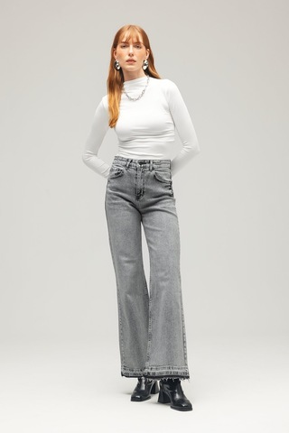 Sââde Kadın Yüksek Bel Wide Leg Jean Pantolon - Paça Detaylı Gri