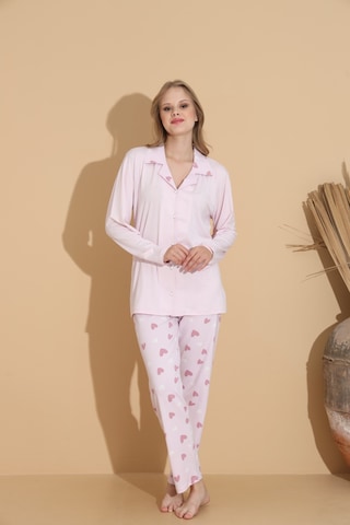 Lukitus Gömlek Yaka Düğmeli Milan Kumaş Uzun Kol Kadın Pijama Takımı Açık Pembe