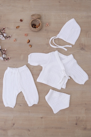 Sitilin Müslin 5'li Kimono Bağcıklı %100 Pamuk Hastane Çıkışı Yenidoğan Bebek Hediye Set 7074 Ekru