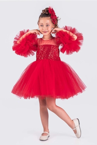 Kız Çocuk Abiye Elbise Ponpon Kol Pul Payetli Tütülü Kırmızı