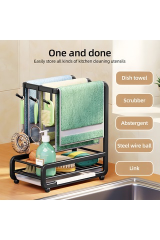 Reedark Karbon Çelik Mutfak Havlu Rakası - Delik Açmayan Duvar/taban Üstü Montajlı - Su Biriktirici Tabla İle Sulandırıcı Bezler Ve Spreyeler İçin Saklama Ve Süzme Rafı - Siyah Siyah