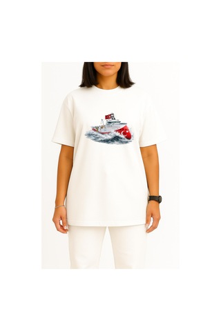 Bahriyeli Collection Oversize Rv Barbaros Hayreddin Paşa Dalgalar Arası Göğüs Ve Sırt Baskılı Unisex T-shirt Beyaz
