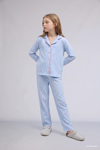 Defacto Dalga Desenli Gömlek Yaka Üst Geniş Paça Alt 2li Pijama Takımı Kız Çocuk I1882a826aube791 Mavi-be791