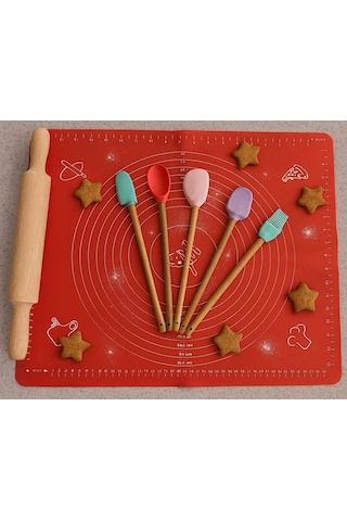 Büyük Boy Silikon Hamur Matı İle Birlikte Ahşap Saplı 5"li Spatula Seti Kolay Kullanım Silikon Çok R Diğer