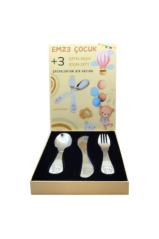 Paslanmaz Çelik Kutulu Çocuk Çatal Kaşık Bıçak Seti Ayıcık Desenli GÜmüş