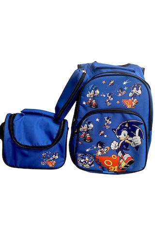 Sonic Desenli Koyu Mavi 3 Lü Erkek Çocuk İlkokul Okul Çantası + Termal Beslenme Çantası + Kalemlik
