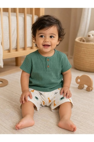 Ferasty İstanbul Unisex Çocuk Takım Şortlu Hayvan Desenli Yeşil