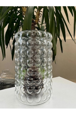 El İşçiliği Silindir Bouble Desenli Fenomen Dekoratif Vazo Mumluk 10x 25 Cm Yükseklik Beyaz