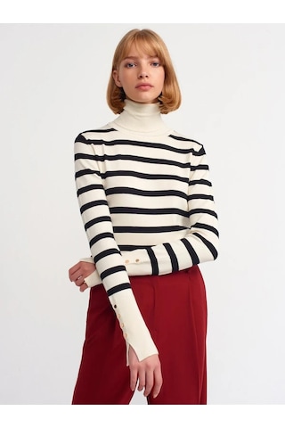 Dilvin Balıkçı Yaka Çizgili Droplu Kazak Krem 001