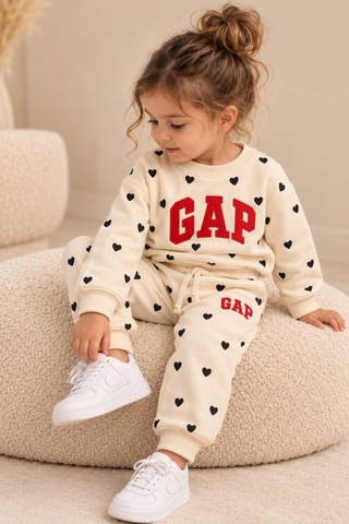 Noble Kids Kız Çocuk Kalp Baskılı Eşofman Takımı Ekru Krem