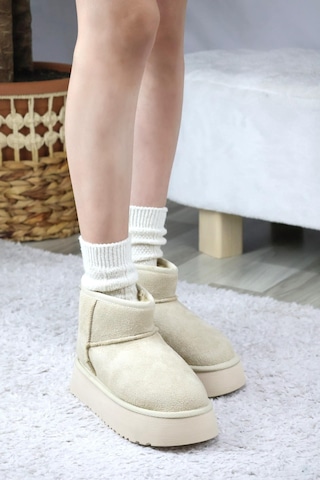 Asmi Shoes Kadın Pavro Süet İçi Kürklü Kalın Taban 4.5 Cm Mini Kısa Bot Krem Krem